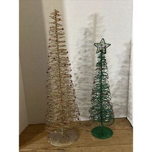 Set Of 2 Crate & Barrel Beaded Wire Glitter Christmas Trees 20” &  15” Tall